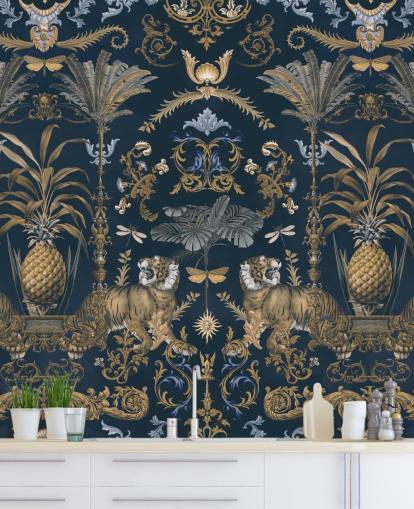 papel de parede tropical azul e dourado papel de parede tropical azul e dourado