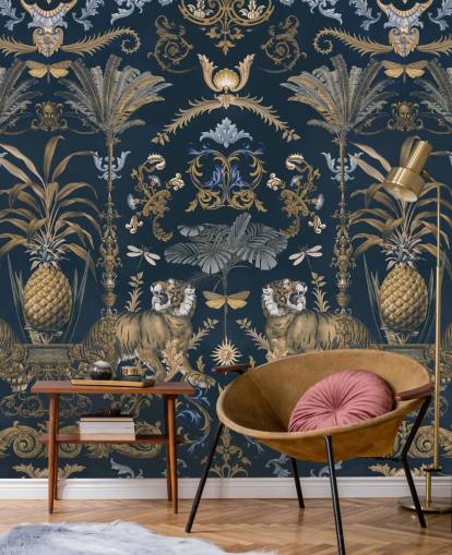 blue and gold tropical wallpaper