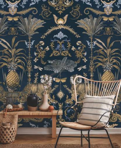 papel de parede tropical azul e dourado