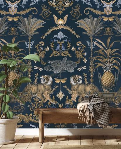 papel de parede tropical azul e dourado