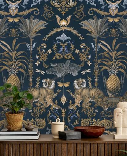 blauw en goud tropisch behang