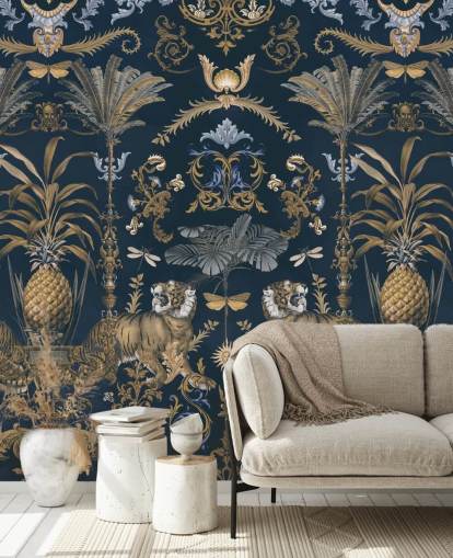 papel pintado tropical azul y dorado