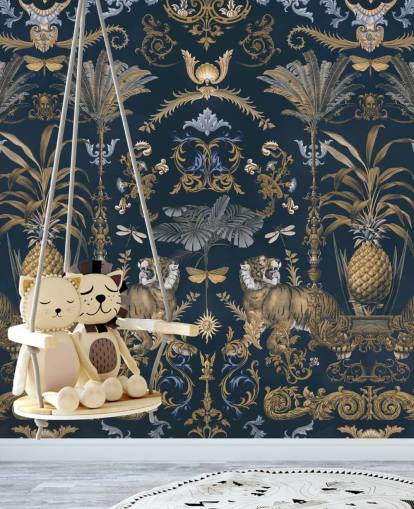 Blaue und goldene tropische Tapete