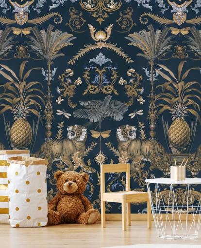 blue and gold tropical wallpaper