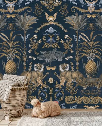 Blaue und goldene tropische Tapete