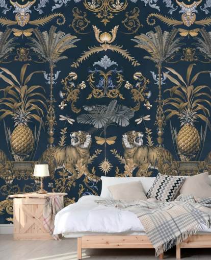 blauw en goud tropisch behang