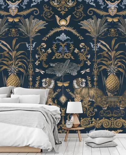 blue and gold tropical wallpaper