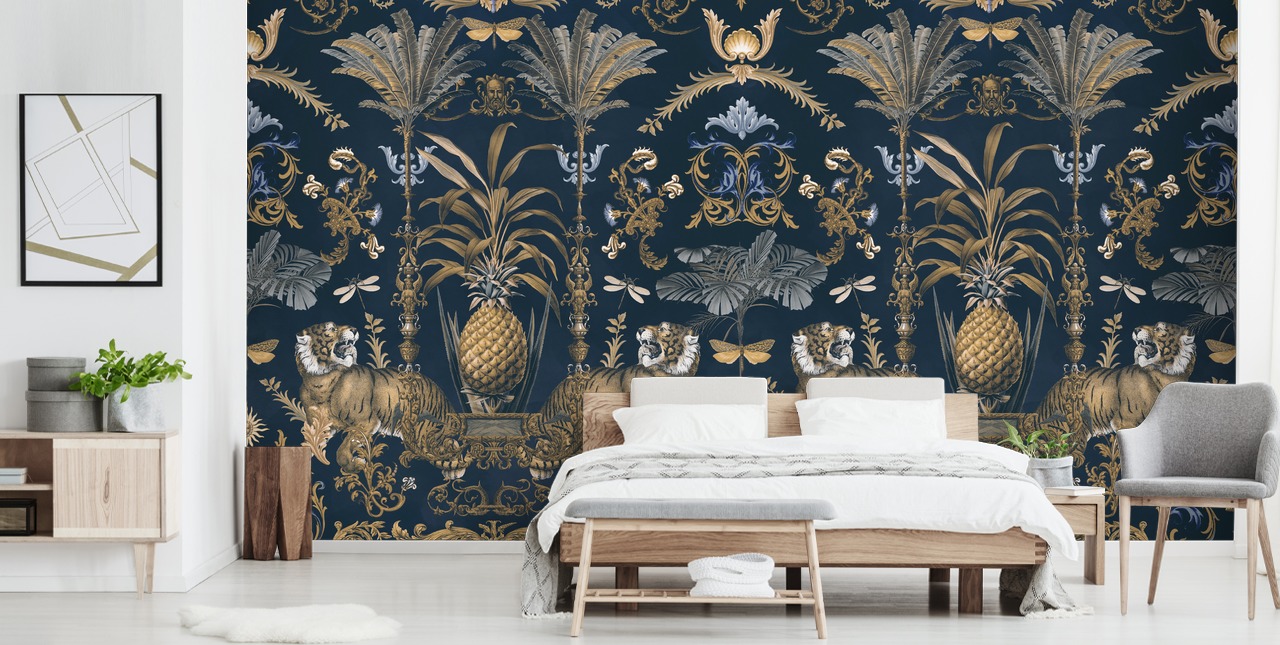 papel de parede tropical azul e dourado
