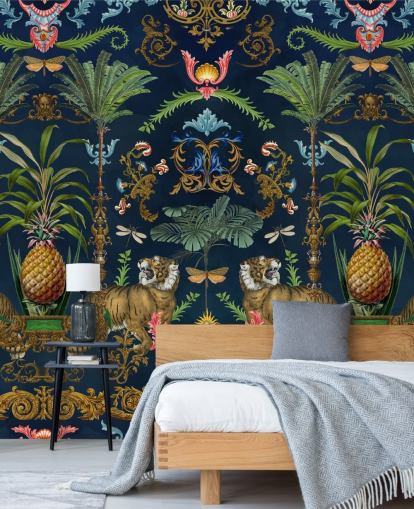 Andrea Haasen laivastonsininen tiikeri ja ananas trooppinen taustakuvamaalaus nimeltä Ornamental Tiger makuuhuoneisiin Andrea Haasen laivastonsininen tiikeri ja ananas trooppinen taustakuvamaalaus nimeltä Ornamental Tiger makuuhuoneisiin