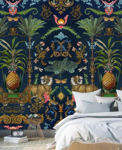 navy tiger and pineapple tropical wallpaper mural called Ornamental Tiger by Andrea Haase for bedrooms