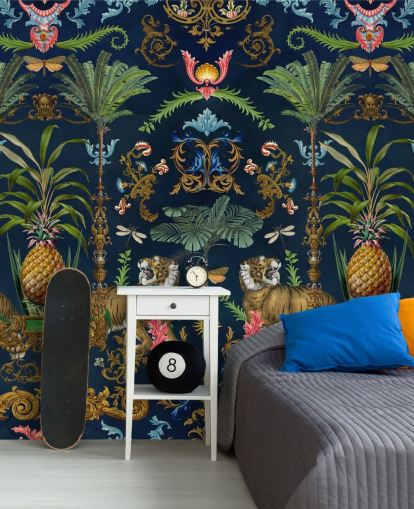 marineblauwe tijger en ananas tropische behangmuurschildering genaamd Ornamental Tiger van Andrea Haase voor slaapkamers