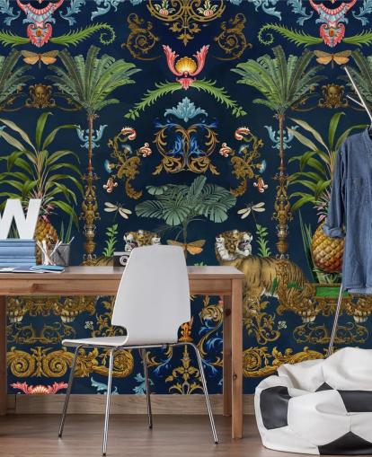 navy tiger and pineapple tropical wallpaper mural called Ornamental Tiger by Andrea Haase for bedrooms