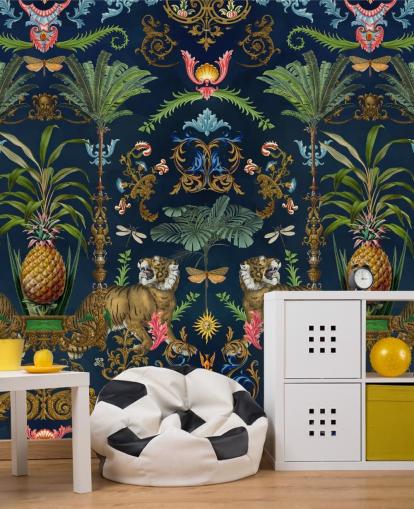 navy tiger and pineapple tropical wallpaper mural called Ornamental Tiger by Andrea Haase for bedrooms