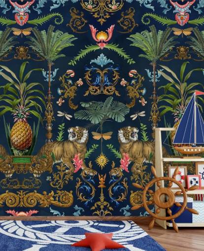navy tiger and pineapple tropical wallpaper mural called Ornamental Tiger by Andrea Haase for bedrooms navy tiger and pineapple tropical wallpaper mural called Ornamental Tiger by Andrea Haase for bedrooms