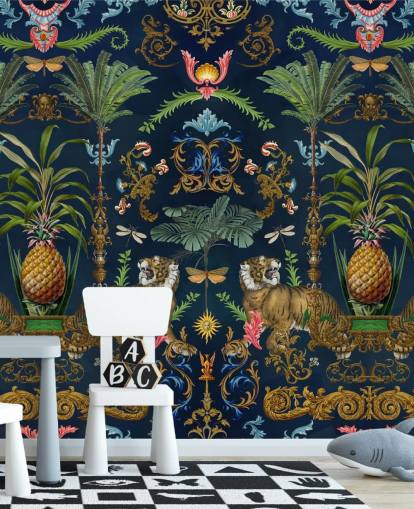 Tropisches Tapeten-Wandbild mit marineblauem Tiger und Ananas namens Ornamental Tiger von Andrea Haase für Schlafzimmer