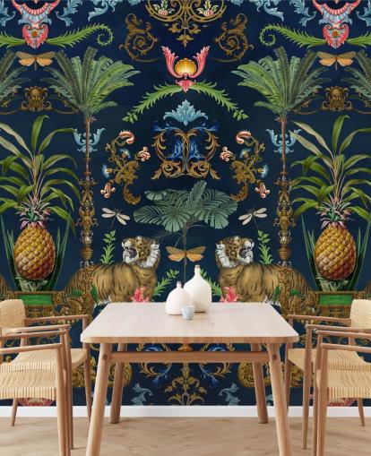 carta da parati tropicale con tigre blu scuro e ananas chiamata Ornamental Tiger di Andrea Haase per camere da letto