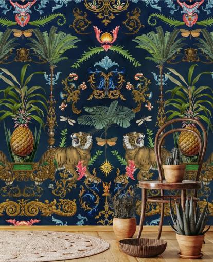 Tropisches Tapeten-Wandbild mit marineblauem Tiger und Ananas namens Ornamental Tiger von Andrea Haase für Schlafzimmer