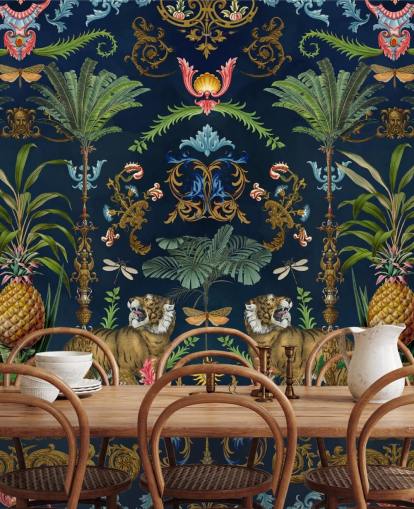 navy tiger and pineapple tropical wallpaper mural called Ornamental Tiger by Andrea Haase for bedrooms