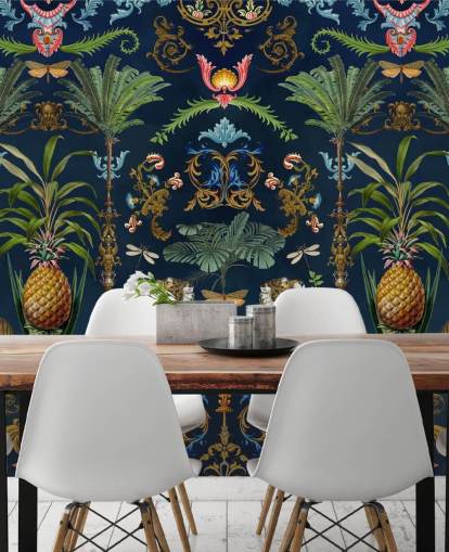 marineblauwe tijger en ananas tropische behangmuurschildering genaamd Ornamental Tiger van Andrea Haase voor slaapkamers marineblauwe tijger en ananas tropische behangmuurschildering genaamd Ornamental Tiger van Andrea Haase voor slaapkamers