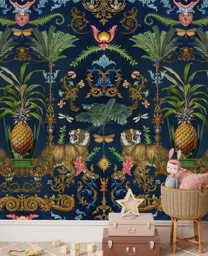 carta da parati tropicale con tigre blu scuro e ananas chiamata Ornamental Tiger di Andrea Haase per camere da letto carta da parati tropicale con tigre blu scuro e ananas chiamata Ornamental Tiger di Andrea Haase per camere da letto
