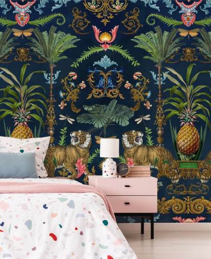 navy tiger and pineapple tropical wallpaper mural called Ornamental Tiger by Andrea Haase for bedrooms