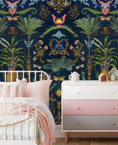 mural de papel pintado tropical de tigre y piña azul marino llamado Ornamental Tiger de Andrea Haase para dormitorios