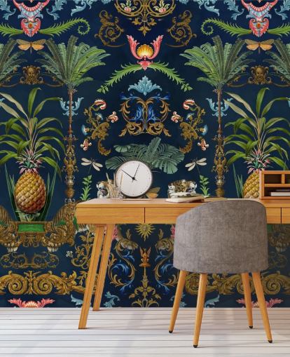 Tropisches Tapeten-Wandbild mit marineblauem Tiger und Ananas namens Ornamental Tiger von Andrea Haase für Schlafzimmer