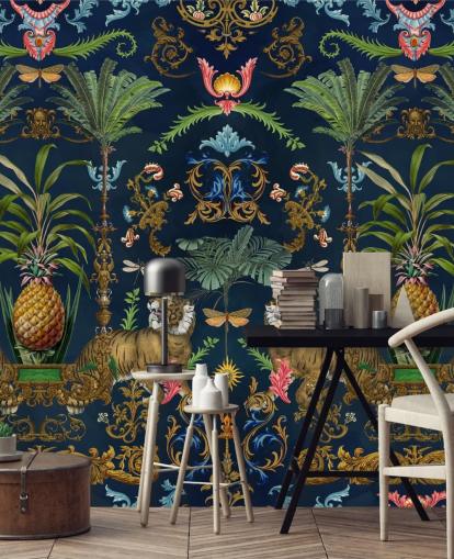 navy tiger and pineapple tropical wallpaper mural called Ornamental Tiger by Andrea Haase for bedrooms navy tiger and pineapple tropical wallpaper mural called Ornamental Tiger by Andrea Haase for bedrooms