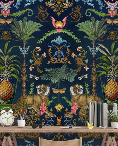 marineblauwe tijger en ananas tropische behangmuurschildering genaamd Ornamental Tiger van Andrea Haase voor slaapkamers marineblauwe tijger en ananas tropische behangmuurschildering genaamd Ornamental Tiger van Andrea Haase voor slaapkamers