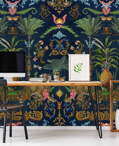 mural de papel pintado tropical de tigre y piña azul marino llamado Ornamental Tiger de Andrea Haase para dormitorios mural de papel pintado tropical de tigre y piña azul marino llamado Ornamental Tiger de Andrea Haase para dormitorios