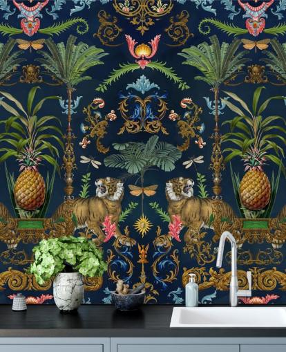navy tiger and pineapple tropical wallpaper mural called Ornamental Tiger by Andrea Haase for bedrooms