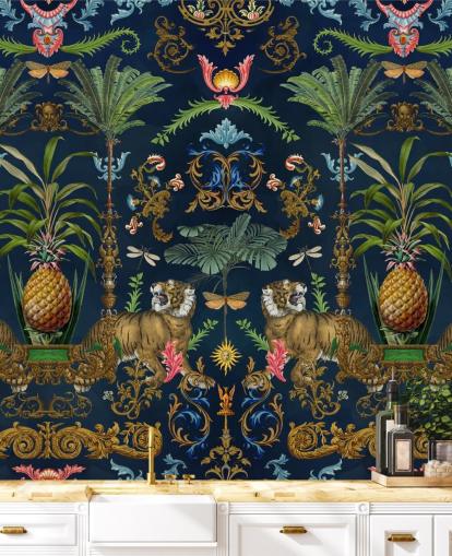 navy tiger and pineapple tropical wallpaper mural called Ornamental Tiger by Andrea Haase for bedrooms