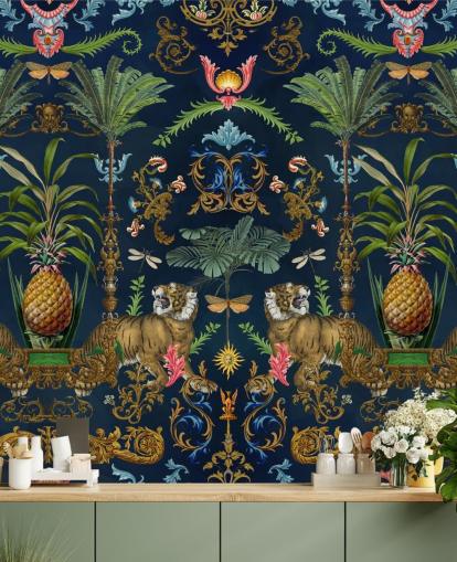 mural de papel pintado tropical de tigre y piña azul marino llamado Ornamental Tiger de Andrea Haase para dormitorios mural de papel pintado tropical de tigre y piña azul marino llamado Ornamental Tiger de Andrea Haase para dormitorios