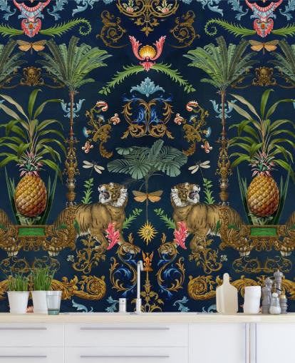 Tropisches Tapeten-Wandbild mit marineblauem Tiger und Ananas namens Ornamental Tiger von Andrea Haase für Schlafzimmer Tropisches Tapeten-Wandbild mit marineblauem Tiger und Ananas namens Ornamental Tiger von Andrea Haase für Schlafzimmer
