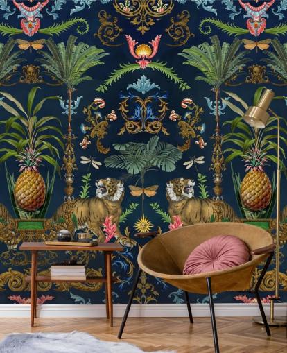 mural de papel pintado tropical de tigre y piña azul marino llamado Ornamental Tiger de Andrea Haase para dormitorios