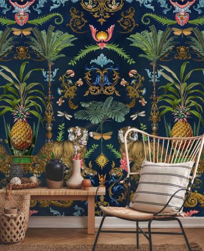 marineblå tiger og ananas tropisk tapetmaleri kaldet Ornamental Tiger af Andrea Haase til soveværelser