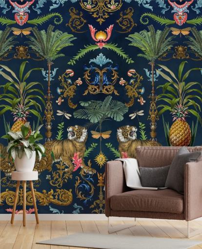 Andrea Haasen laivastonsininen tiikeri ja ananas trooppinen taustakuvamaalaus nimeltä Ornamental Tiger makuuhuoneisiin