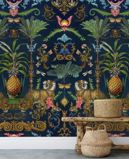 carta da parati tropicale con tigre blu scuro e ananas chiamata Ornamental Tiger di Andrea Haase per camere da letto