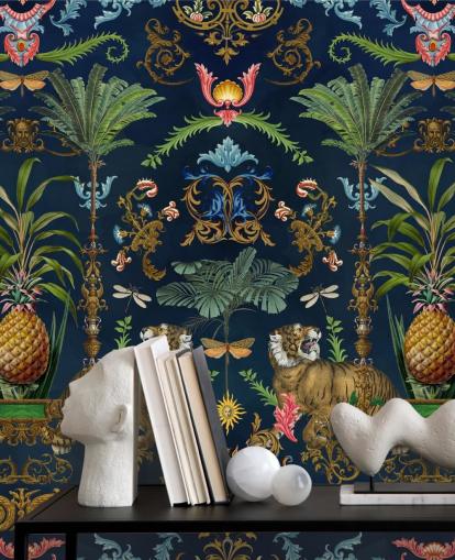 papier peint mural tropical en forme de tigre bleu marine et d'ananas appelé Ornamental Tiger par Andrea Haase pour les chambres