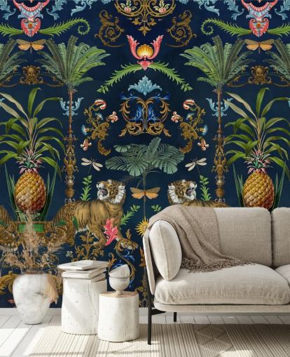 papier peint mural tropical en forme de tigre bleu marine et d'ananas appelé Ornamental Tiger par Andrea Haase pour les chambres