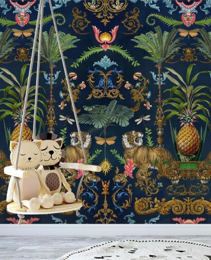 marineblå tiger og ananas tropisk tapetmaleri kaldet Ornamental Tiger af Andrea Haase til soveværelser marineblå tiger og ananas tropisk tapetmaleri kaldet Ornamental Tiger af Andrea Haase til soveværelser