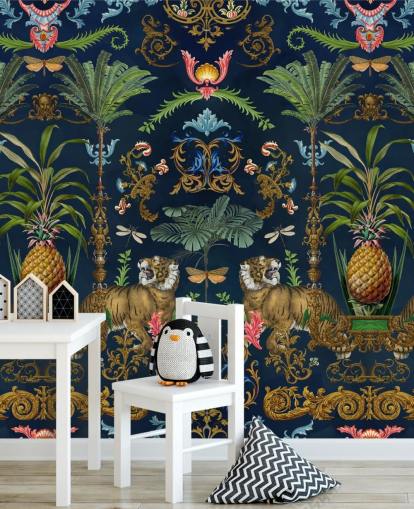 marineblauwe tijger en ananas tropische behangmuurschildering genaamd Ornamental Tiger van Andrea Haase voor slaapkamers