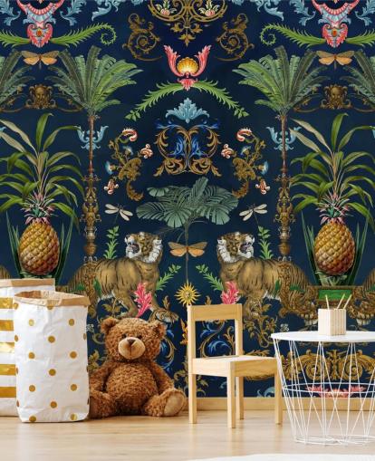 marineblauwe tijger en ananas tropische behangmuurschildering genaamd Ornamental Tiger van Andrea Haase voor slaapkamers marineblauwe tijger en ananas tropische behangmuurschildering genaamd Ornamental Tiger van Andrea Haase voor slaapkamers