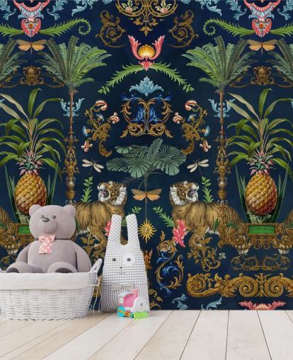 navy tiger and pineapple tropical wallpaper mural called Ornamental Tiger by Andrea Haase for bedrooms navy tiger and pineapple tropical wallpaper mural called Ornamental Tiger by Andrea Haase for bedrooms