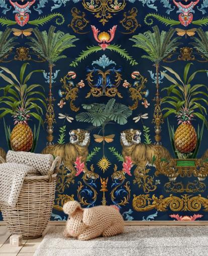 Andrea Haasen laivastonsininen tiikeri ja ananas trooppinen taustakuvamaalaus nimeltä Ornamental Tiger makuuhuoneisiin Andrea Haasen laivastonsininen tiikeri ja ananas trooppinen taustakuvamaalaus nimeltä Ornamental Tiger makuuhuoneisiin