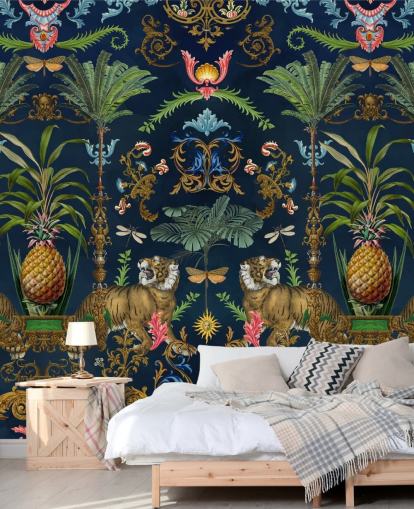 papier peint mural tropical en forme de tigre bleu marine et d'ananas appelé Ornamental Tiger par Andrea Haase pour les chambres papier peint mural tropical en forme de tigre bleu marine et d'ananas appelé Ornamental Tiger par Andrea Haase pour les chambres