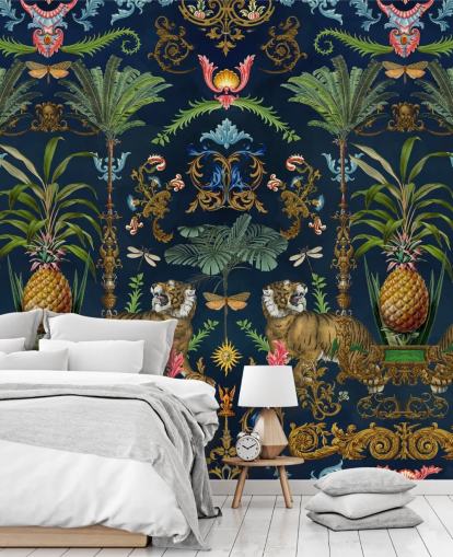 marineblå tiger og ananas tropisk tapetmaleri kaldet Ornamental Tiger af Andrea Haase til soveværelser marineblå tiger og ananas tropisk tapetmaleri kaldet Ornamental Tiger af Andrea Haase til soveværelser