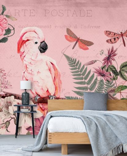 lyserød kakadu tapetmaleri kaldet Spring Garden with Cockatoo af Andrea Haase til soveværelser