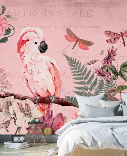 pink cockatoo wallpaper mural called Spring Garden with Cockatoo by Andrea Haase for bedrooms