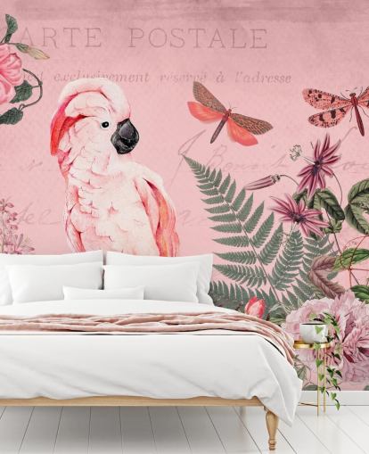 rosa kakadu tapetväggmålning som heter Spring Garden with Cockatoo av Andrea Haase för sovrum rosa kakadu tapetväggmålning som heter Spring Garden with Cockatoo av Andrea Haase för sovrum